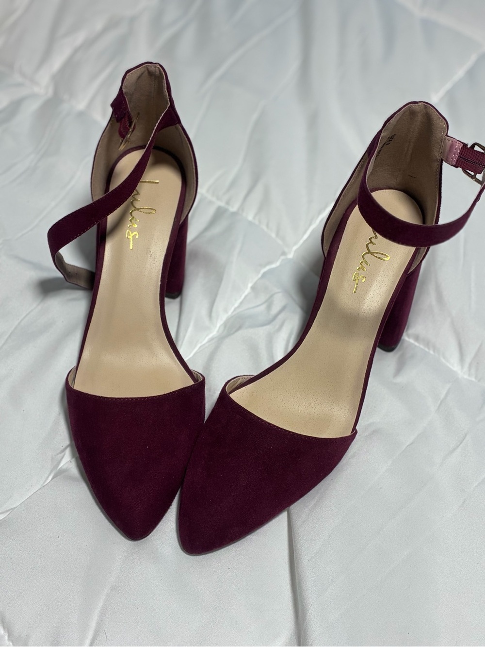 Lulu's Burgundy Pointed-Toe Ankle Strap Block Heels